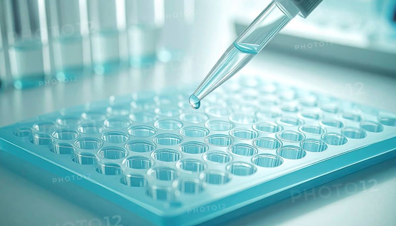Droplet hangs from a pipette over a blue 96-well plate in a sterile lab, Pipette dispensing a liquid onto a multi-well plate in a clean laboratory, close up of medical equipment with blurred laboratory background, science, technology and health concept, AI generated