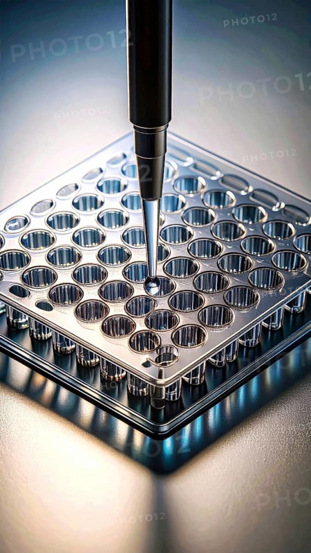 Single droplet forms at a pipette tip over a cool-toned microplate with crisp symmetry, Pipette dispensing a liquid onto a multi-well plate in a clean laboratory, close up of medical equipment with blurred laboratory background, science, technology and health concept, AI generated