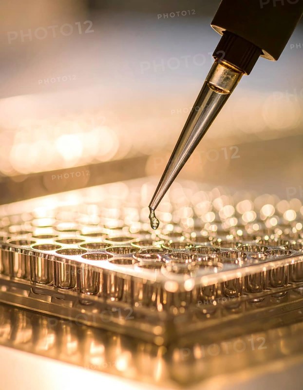 Suspended droplet from a pipette above a microplate in soft golden light, Pipette dispensing a liquid onto a multi-well plate in a clean laboratory, close up of medical equipment with blurred laboratory background, science, technology and health concept, AI generated