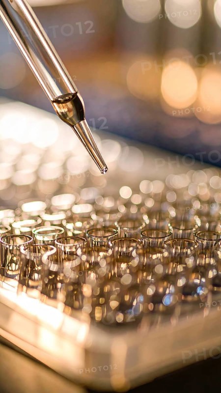 Pipette hovers over gleaming microplate wells amid a warm amber glow, Pipette dispensing a liquid onto a multi-well plate in a clean laboratory, close up of medical equipment with blurred laboratory background, science, technology and health concept, AI generated