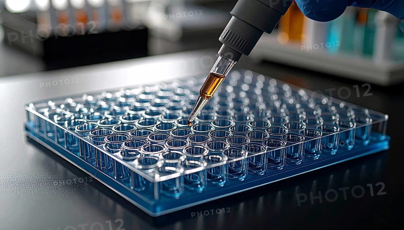 Amber reagent poised at a pipette tip over a blue multiwell plate, Pipette dispensing a liquid onto a multi-well plate in a clean laboratory, close up of medical equipment with blurred laboratory background, science, technology and health concept, AI generated