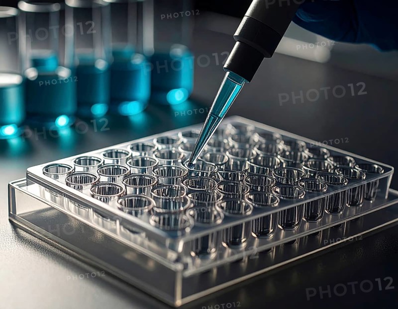 Pipette positions a drop above a clear multiwell plate on a dark bench, Pipette dispensing a liquid onto a multi-well plate in a clean laboratory, close up of medical equipment with blurred laboratory background, science, technology and health concept, AI generated
