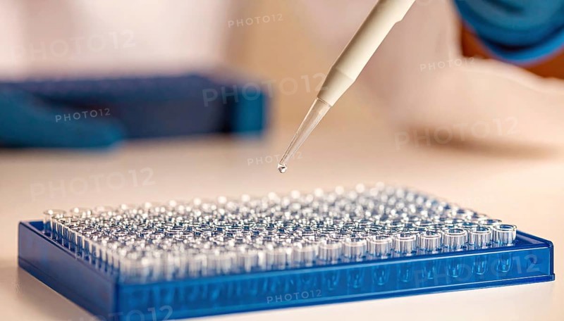 Droplet falls from pipette toward a blue 96-well plate, Pipette dispensing a liquid onto a multi-well plate in a clean laboratory, close up of medical equipment with blurred laboratory background, science, technology and health concept, AI generated