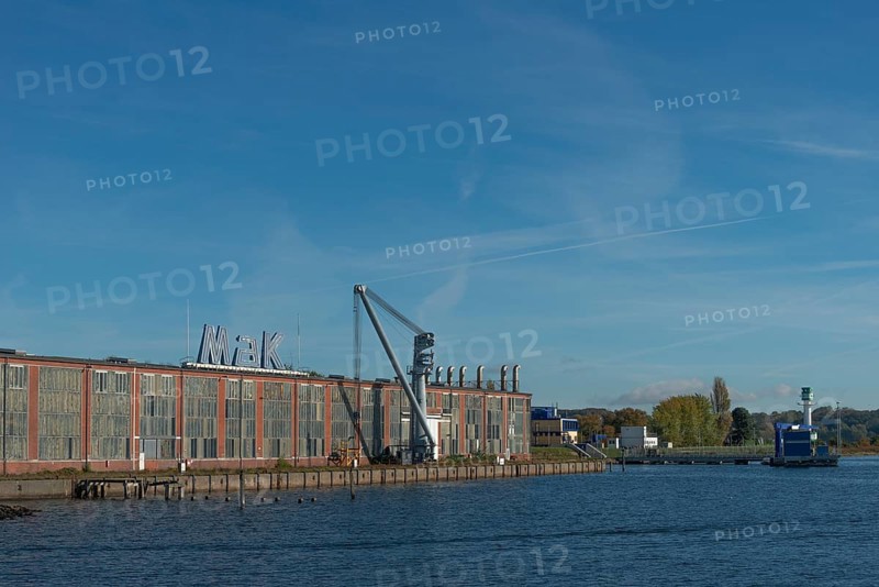 State capital Kiel, Friedrichsort district, building of the former company Maschinenbau Kiel, MaK, monument protection, economy, industry, crane, lighthouse Friedrichsort, Schleswig-Holstein, Germany