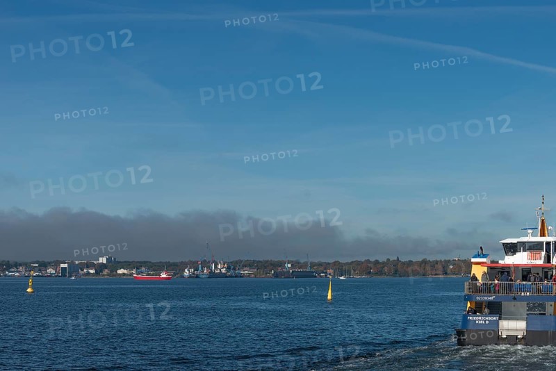 State capital Kiel, industry and shipyards in the Friedrichsort district, dock, LINDENAU Werft GmbH, liner, restricted area, yellow buoys with solar panels, economy, industry, Schleswig-Holstein, Germany