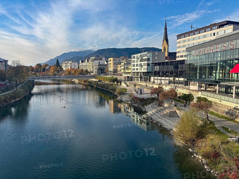 Waterfront with Congress Center, Berge, Drau, Drau Cycle Path, Carinthia, Villach, Austria