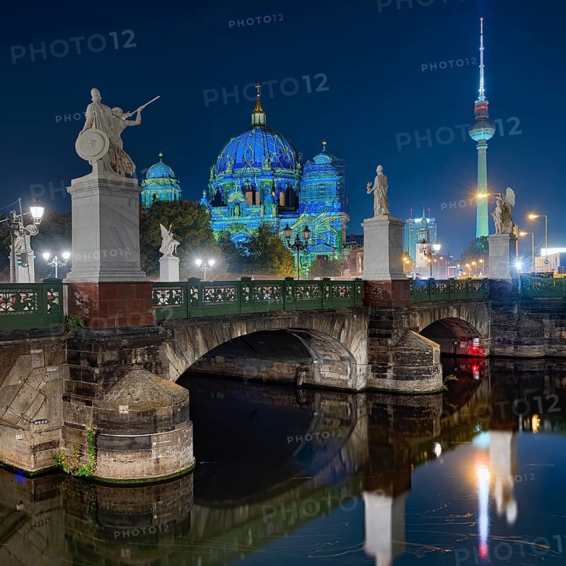 Berlin Palace Bridge with Cathedral and TV Tower Festival of Lights Berlin Germany