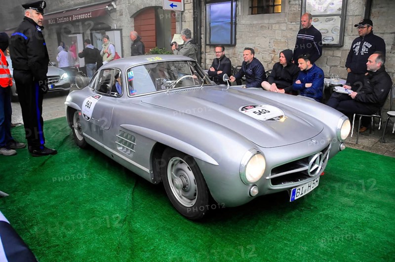 Start No. 563 MERCEDES BENZ vintage car, Mille Miglia 2016, time control, checkpoint, SAN MARINO, classic car racing. San Marino, Italia