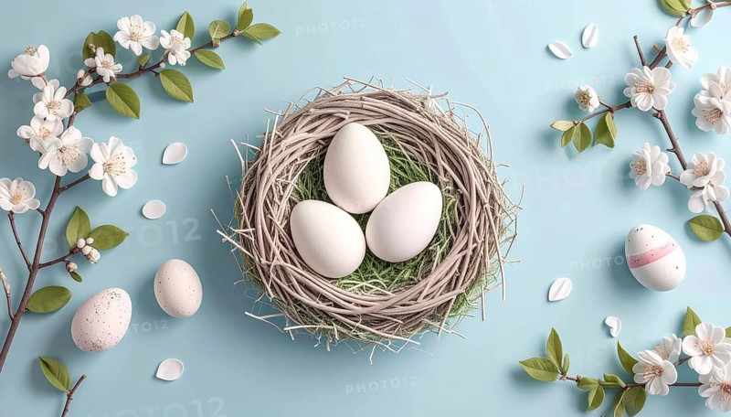 Nest with easter eggs in grass on a sunny spring day, Easter wallpaper decoration drawing, banner, panorama, background, abstract vector illustration, AI generated