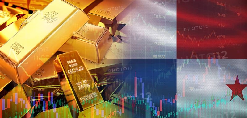 Gold bars stacked on Panamanian flag. Panama gold reserves, Concept