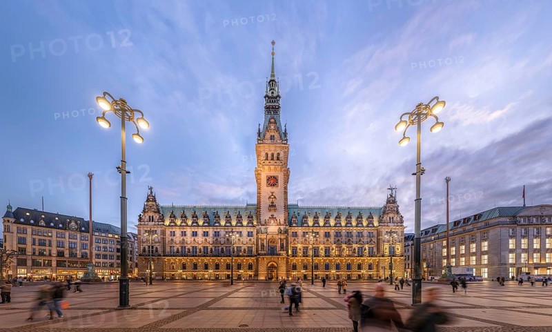 Town Hall Market with Hamburg City Hall at blue hour against a slightly cloudy sky, Hamburg, Germany