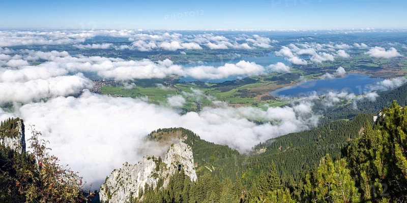 Panorama from Tegelberg, 1881m, on Waltenhofen, Forggensee and Bannwaldsee, Ostallgäu, Bavaria, Germany