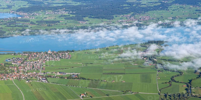 Panorama from Tegelberg, 1881m, on Schwangau, Waltenhofen, Hopfensee and Forggensee, Ostallgäu, Bavaria, Germany