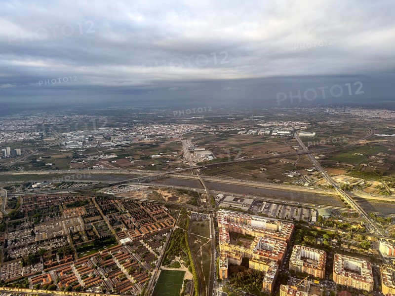 Residential areas, Turia flood canal and industrial areas, aerial view, Valencia, Spain