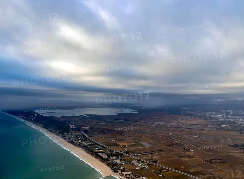 Coastline and lagoon, aerial view, Albufera Natural Park, Valencia, Spain