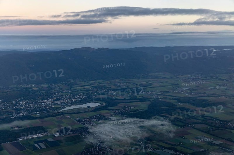 Jura Mountains, in front Lac de Divonne and Divonne-les-Bains, aerial view, Vaud, Switzerland