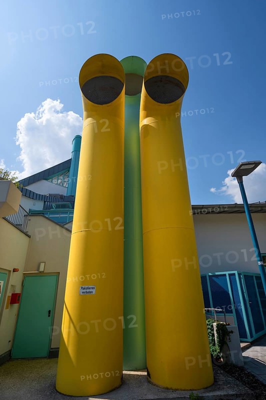 Colored vent pipes in front of Kurfürstenbad, outdoor pool, Amberg, Upper Palatinate, Bavaria, Germany