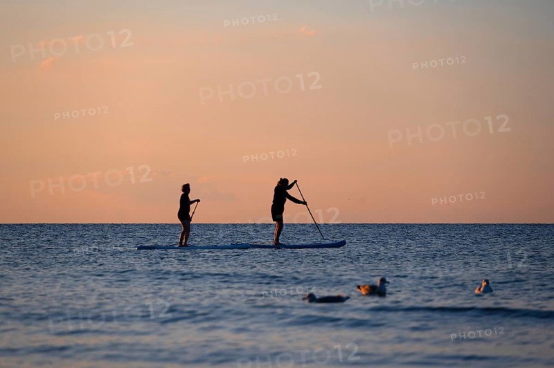 Two stand up paddlers on the Baltic Sea in the evening light, Ahrenshoop, Darß, Mecklenburg-Western Pomerania, Germany