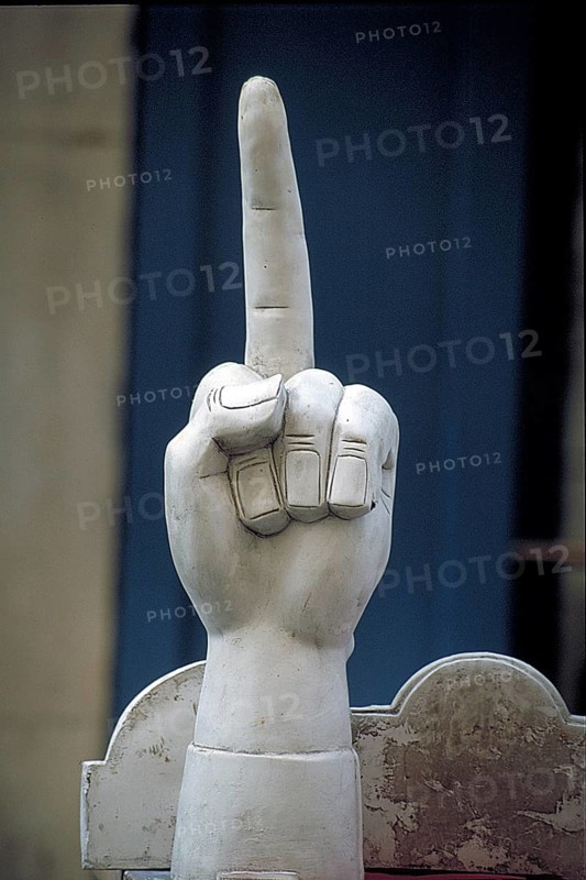 Sculpture of a hand with an extended index finger, France