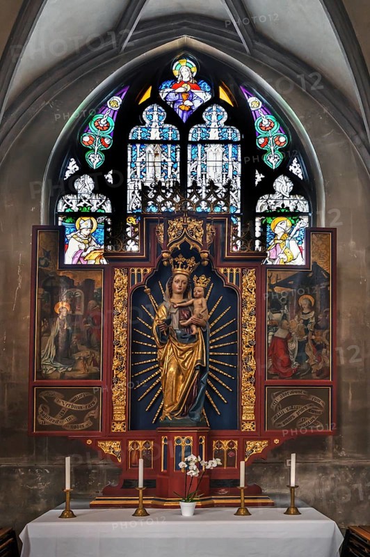 Statue of Mary in a side altar, St. Mary's Church, Amberg, Upper Palatinate, Bavaria, Germany