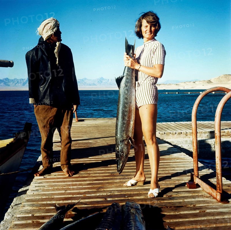 Woman and Egyptian with large captive barracuda, large barracuda (Sphyraena barracuda), about 1, 40 meters long, Red Sea, 1960s, Egypt