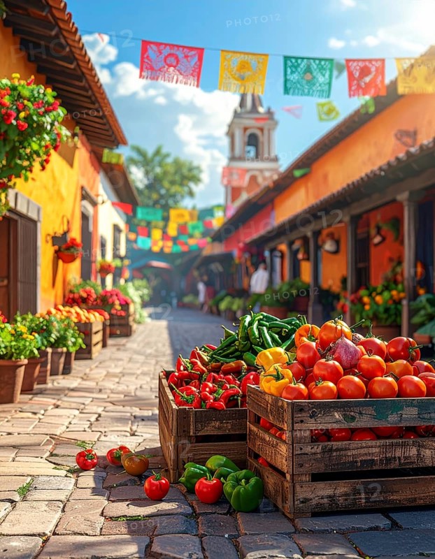 Traditional Mexican plaza with crates of peppers, onions, and tomatoes, economic prosperity in local trade, travel destination in America, AI generated