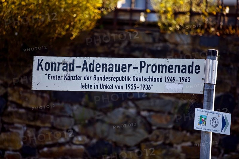 Konrad-Adenauer-Promenade street sign, memory of the first chancellor who lived in Unkel from 1935 to 1936, North Rhine-Westphalia, Germany
