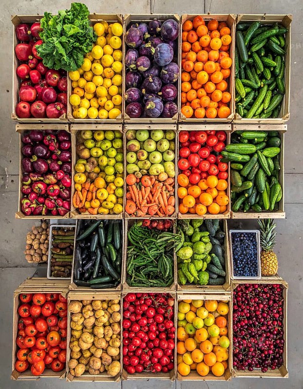 Fresh fruits and vegetables in a market display, aerial view perpendicular top down, healthy eating and lifestyle, AI generated