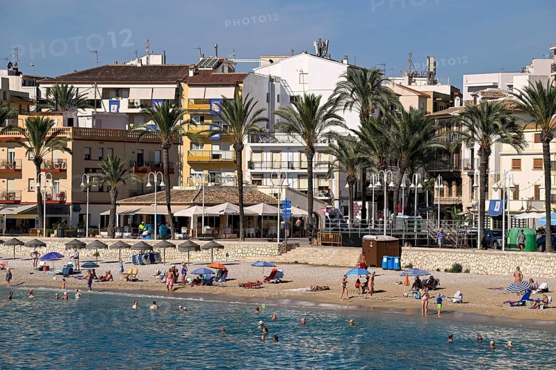 View of the beach and old town of Jávea or Xàbia, Alicante Province, Comunidad Valenciana, Spain