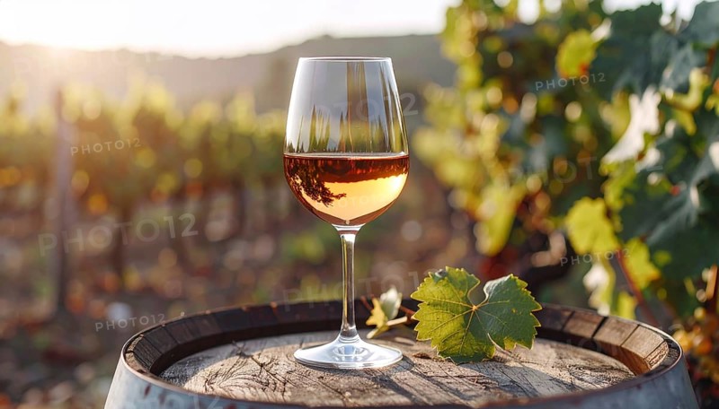 A glass of 10-year-old tawny wine placed on a barrel in a vineyard restaurant, vineyard landscape in blurred background, AI generated