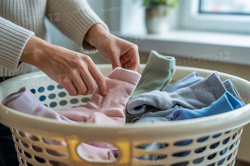 Woman's hands sorting socks in a laundry basket. Household chores and organization concept. Generative ai, AI generated