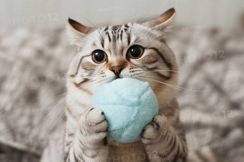 Cute cream tabby cat with big eyes holding a blue plush toy ball. Playful cat. Generative ai, AI generated