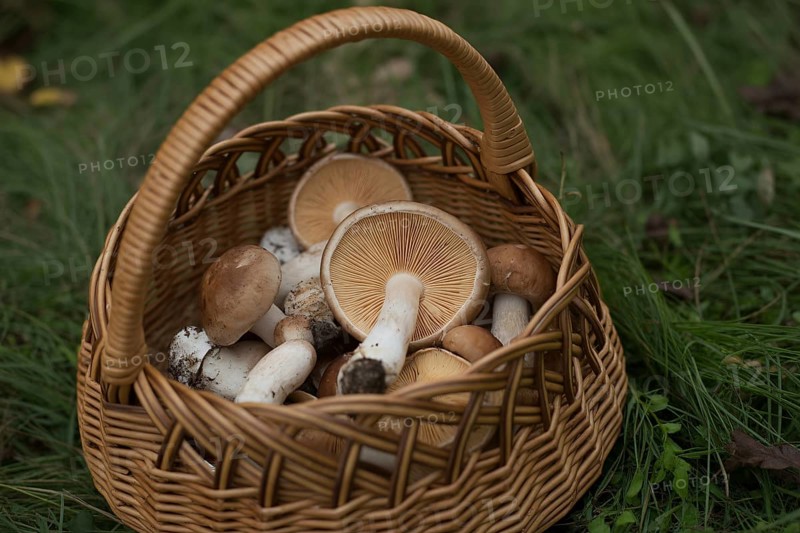 Icker basket full of collected wild mushrooms in the forest. Autumn foraging and nature concept. Generative ai, AI generated