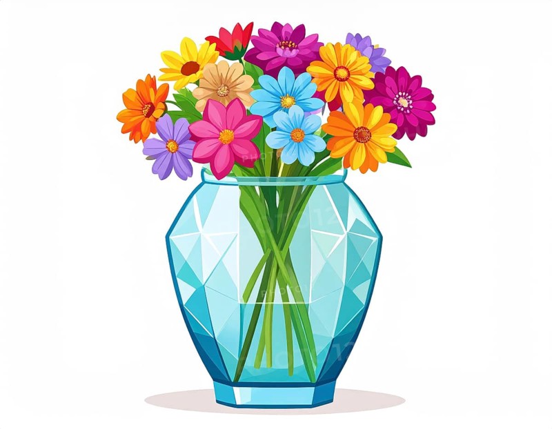Crystal glass vase with vibrant blooming flowers, vibrant vector drawing illustration for fresh spring background, AI generated