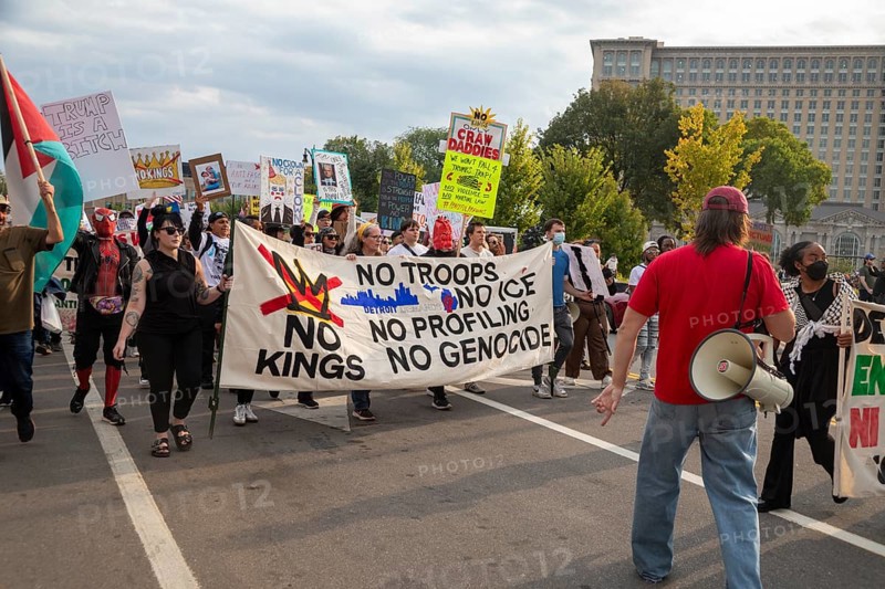 Detroit, Michigan USA - 18 October 2025 - A large crowd gathered for a 'No Kings' rally, protesting President Trump's actions against immigrants and against democratic institutions