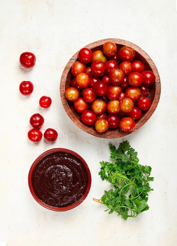 Tkemali sauce, from red cherry plum, Georgian tkemali sauce, top view, no people