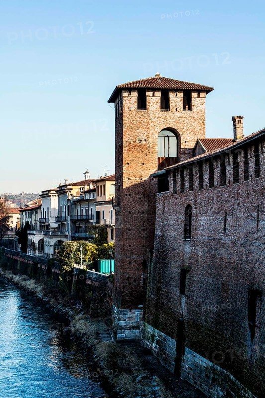 Adige River and Castelvecchio viewed from Castelvecchio Bridge. Verona, Province of Verona, Italy. 10.12.2012
