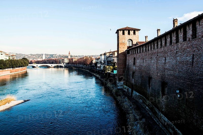 Adige River and Castelvecchio viewed from Castelvecchio Bridge. Verona, Province of Verona, Italy. 10.12.2012