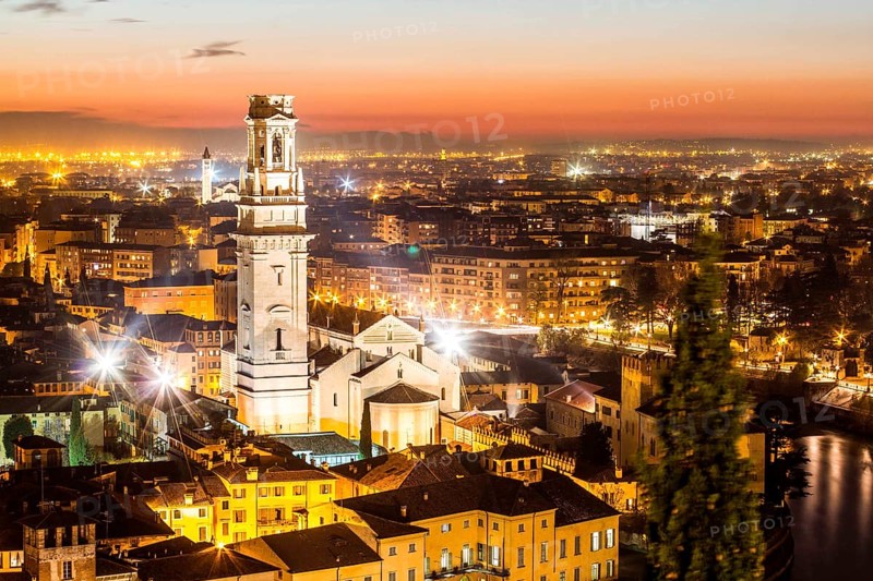 Verona Cathedral, Ponte Pietra and view of the city at evening from Castel San Pietro. Verona, Province of Verona, Italy. 10.12.2012