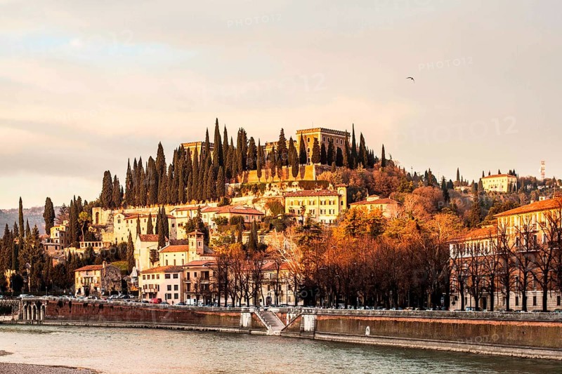 Adige River and Castel San Pietro in the background, viewed from Bridge Nuovo. Verona, Province of Verona, Italy. 10.12.2012
