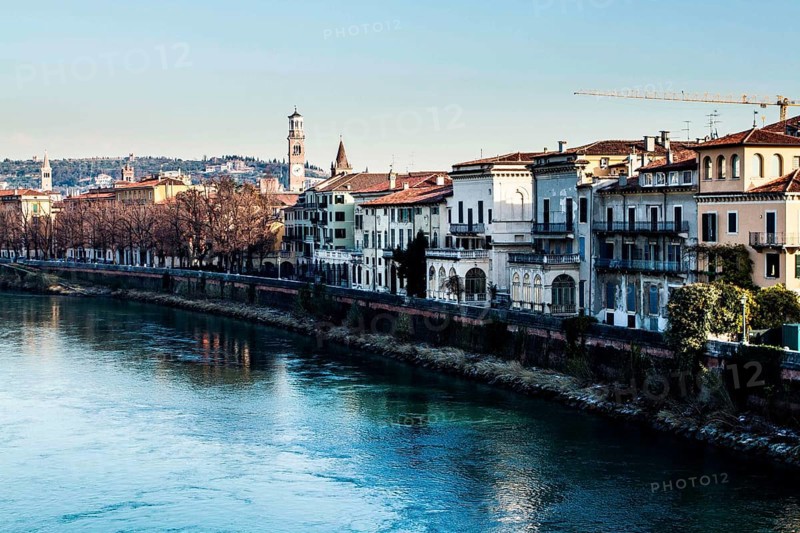 Adige River viewed from Castelvecchio Bridge. Verona, Province of Verona, Italy. 10.12.2012