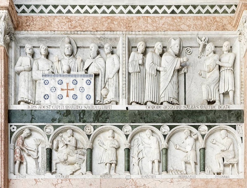 Scene from the life of St. Martin above, month depictions, June, May, April, March, February, January, below, sculptor Guidetto and collaborators, Romanesque, main façade, cathedral, Cattedrale di San Martino also Duomo di Lucca, Lucca, Tuscany, Italy/Szene aus dem Leben des Heiligen Martin oben, Monatsdarstellungen, Juni, Mai, April, März, Februar, Januar, unten, Bildhauer Guidetto und Mitarbeiter, Romanik, Hauptfassade, Kathedrale, Dom, Cattedrale di San Martino auch Duomo di Lucca, Lucca, Tos