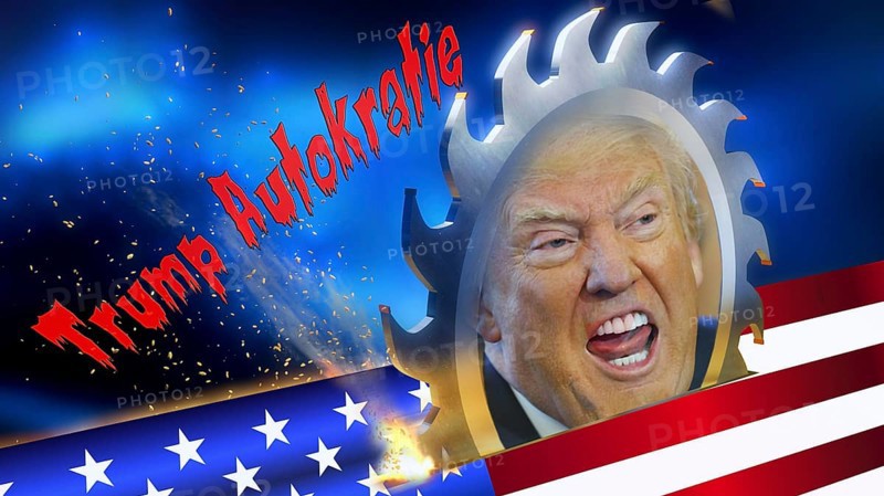 Symbolic image, Trump is sawing up the USA, democracy versus autocracy, Donald Trump sees himself as ruler above the law, US democracy in danger, political blackmail, EU and Germany under political pressure, industry, tariff threats, Elon Musk, Mark Zuckerberg, social networks, fake news, rights broken, hate, incitement, DSG Digital Services Act, re-election, USA, politics, announcements, revenge campaign, wanted dictator, republican, US electoral system, global threat, lies, 2nd term, global burden, Ukrainian war, storm White House