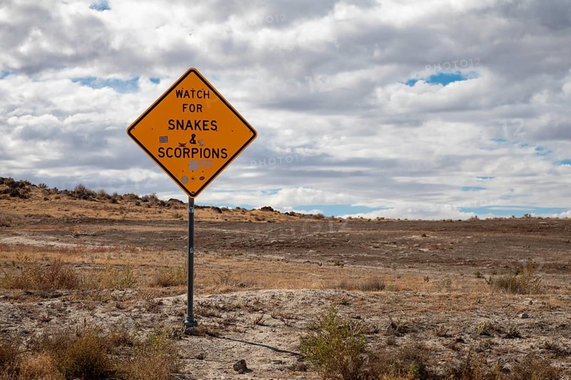 Aragonite, Utah - A sign urges travelers to beware of snakes and scorpions at a rest area along Interstate 80 in the Utah desert