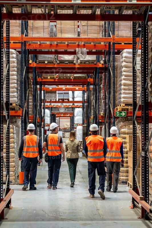 Logistics manager inspecting stock levels and operations with a team of warehouse workers wearing safety vests and hard hats in a modern distribution center