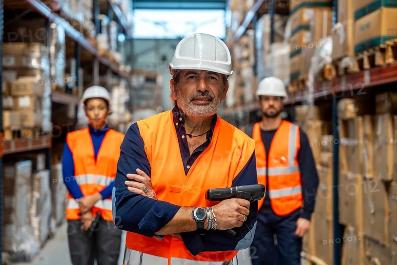 Experienced male manager holding a scanner with a team of diverse workers standing in rows of shelves filled with cardboard boxes in a large industrial logistics warehouse