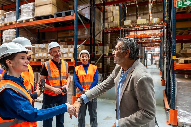 Manager and logistics team member shaking hands in a busy distribution center, collaborating and discussing operations while surrounded by warehouse shelves and storage boxes