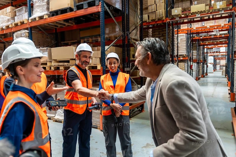 Business manager and diverse industrial workers in hard hats and safety vests shaking hands in a busy logistics warehouse, symbolizing partnership, teamwork, and successful collaboration