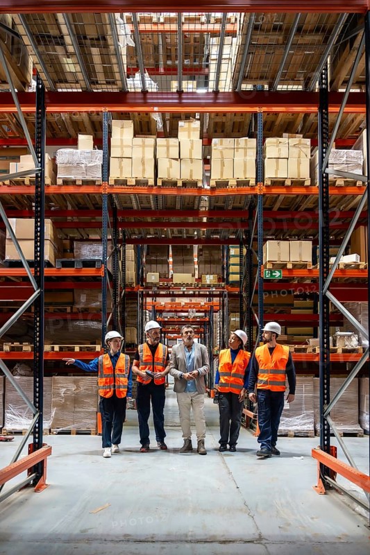 Diverse group of logistics professionals and warehouse workers discussing inventory management and distribution processes while walking through aisles filled with stacked boxes and pallets