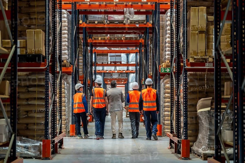 Group of diverse warehouse workers in safety vests and a manager inspecting inventory and racks, discussing operations in a modern distribution center
